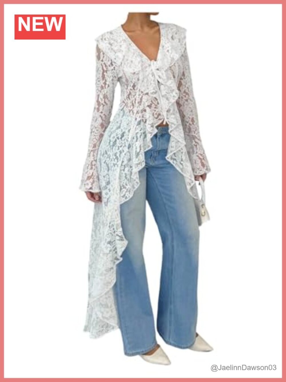Women's Floral Lace Ruffle Tie Front High Low Long Sleeve Blouse